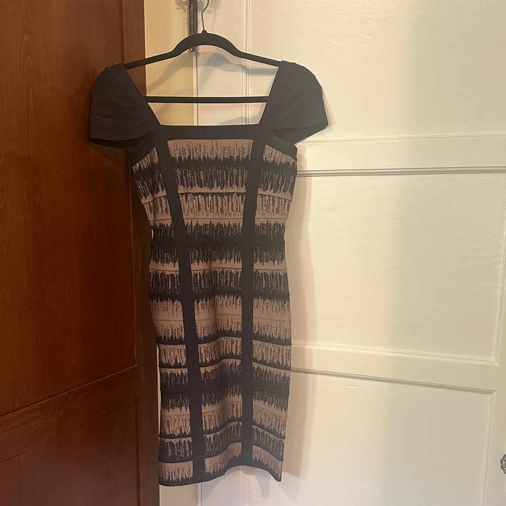 Herve Leger Black and Beige Bandage Mini Dress